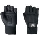 Two black MH-USA Pro Material Handling Fingerless Gloves in extra large are displayed, with one palm-side up showing padded leather, and the other showing the reinforced back and a wrist strap with a logo. They are sold as 2 pairs per case.