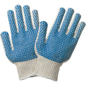 A pair of MH-USA PVC Blue Dot Knit Gloves - Small (12 Pair/Case) with white fabric and blue rubber dots for grip, and ribbed cuffs for a snug fit, lay flat side by side, ideal for all-day wear.