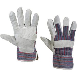 The MH-USA Leather Palm w/Safety Cuff Gloves in medium have gray leather palms, striped fabric backs, reinforced cuffs for added protection, and are displayed with one glove palm up and the other palm down. They are sold in a case of 12 pairs.