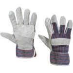 The MH-USA Leather Palm w/Safety Cuff Gloves - XLarge (12 Pair/Case) showcase gray leather with striped fabric backing, reinforced palms for protection, and wide cuffs for easy wear. Displayed with one glove showing the palm and the other the back.