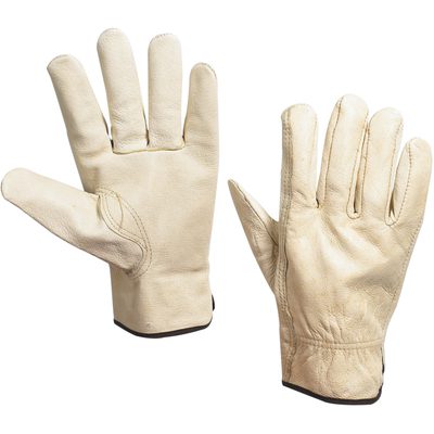 GLV1022L.jpg A pair of MH-USA Cowhide Leather Drivers Gloves, size large, is elegantly displayed—one glove palm up and the other palm down—highlighting their light beige leather with black wrist trim. Available in a 3 pair per case package.