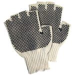 A pair of MH-USA Fingerless PVC Dot Knit Gloves - Small with black grip dots on palms and fingers for enhanced hold and ribbed cuffs for a snug fit. Displayed overlapping on a plain background.