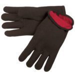 A pair of MH-USA Lined Jersey Cotton Gloves - Large (12 Pair/Case) is shown in dark brown with a bold red lining. One glove lies on the other, highlighting the interior and finger design, combining functionality and style.