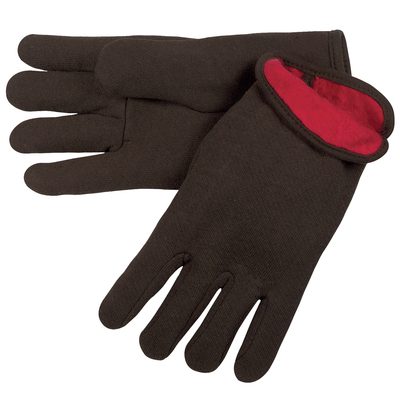 GLV1024L.jpg A pair of MH-USA Lined Jersey Cotton Gloves - Large (12 Pair/Case) is shown in dark brown with a bold red lining. One glove lies on the other, highlighting the interior and finger design, combining functionality and style.