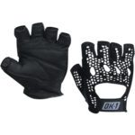 A stylish pair of fingerless gloves: one in solid black leather, the other with a unique mesh and leather patch design displaying OK 1, reminiscent of MH-USA Mesh Backed Lifting Gloves - Black - X Large (2 Pair/Case).