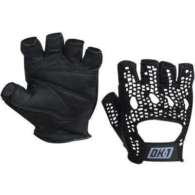 GLV1031XL.jpg A stylish pair of fingerless gloves: one in solid black leather, the other with a unique mesh and leather patch design displaying OK 1, reminiscent of MH-USA Mesh Backed Lifting Gloves - Black - X Large (2 Pair/Case).
