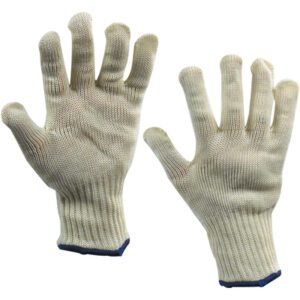 The Knifehandler® Gloves - Medium feature cream-colored knit with textured surfaces and a blue wrist trim, ideal for precise tasks. Stylish and functional, theyre available in sets of four per case.