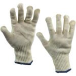 The extra-large Knifehandler® Gloves, beige and knitted with a textured grip surface, feature blue-outlined cuffs for safety and style. Theyre displayed against a white background and are available in cases of four pairs each.