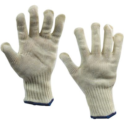 GLV1041XL.jpg The extra-large Knifehandler® Gloves, beige and knitted with a textured grip surface, feature blue-outlined cuffs for safety and style. Theyre displayed against a white background and are available in cases of four pairs each.