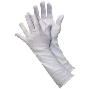 The MH-USA Cotton Inspection Ext. Cuff Gloves 2.5 oz. - Large are crafted from soft fabric, displayed with one glove atop the other, featuring long cuffs extending beyond the wrist against a pristine white background. Available in a case of 12 pairs.