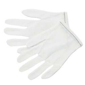 Two overlapping white gloves resemble MH-USA Nylon Inspection Gloves, Mens Large (12 Pair/Case), on a white backdrop, showcasing a minimal design with black-stitched seams on the cuffs.