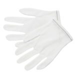One pair of MH-USA Nylon Inspection Gloves 40 Denier - Womens Large (12 Pair/Case) is displayed flat on a white background, with one glove slightly overlapping. The gloves feature individual fingers and a delicate wrist stitch line, combining simplicity and functionality.