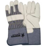 The MH-USA Deluxe Leather Palm Gloves showcase a blue and white striped fabric back, white leather on the palm and fingers, and blue denim-like cuffs with the Memphis Mustang logo. Available in XLarge, they are sold as 12 pairs per case.