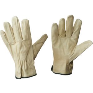A pair of MH-USA Pigskin Leather Drivers Gloves in XLarge, with beige and dark green wrist trim, is shown on a white background; one displays the palm and the other the back. Available in a 3 pair per case package.