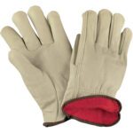 A pair of MH-USA Cowhide Leather Drivers Gloves in XLarge, with beige exterior and red fleece lining, is displayed. One glove is palm-up and the other palm-down to show the interior. Available in sets of three pairs per case.