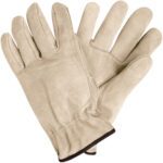 A case of MH-USA Deluxe Cowhide Leather Drivers Gloves - XLarge, with one pair laid atop the other, showcases a simple design featuring a slightly gathered wrist and dark cuff edging, combining functionality and style in every set of three pairs.