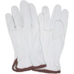 A pair of white MH-USA Goatskin Leather Drivers Gloves - Large (3 Pair/Case) features brown cuff trim and gathered wrists for a snug, elastic fit.