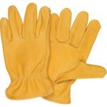 The MH-USA Deerskin Leather Drivers Gloves - Large (3 Pair/Case) feature vibrant yellow leather with a gathered wrist, showcasing both top and palm views to highlight their durable craftsmanship.