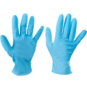 A pair of large blue Kimberly Clark Kleenguard nitrile gloves is displayed against a plain white background, showing one palm side and the back of the other.