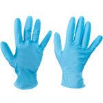 A pair of medium-sized Kimberly Clark Kleenguard nitrile gloves, one right and one left, is displayed with palms facing the viewer. Featuring a slightly wrinkled texture, they are set against a plain white background. These gloves come in cases of 100 pairs each.