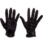 A pair of large black Best® Nighthawk™ Nitrile Gloves (50/Case) is displayed with one glove palms up and the other palms down, highlighting their sleek design.