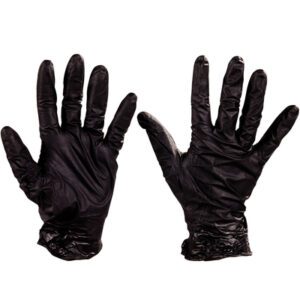 Two black Best® Nighthawk™ Nitrile Gloves - Xlarge (50/Case) are shown on a white background: one displays the palm, and the other shows the back, highlighting their texture and fit.