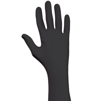 GLV2006L.jpg A Best® Nighthawk™ Nitrile Glove with extended cuffs, size large, is shown upright and flat against a white background, displaying the front side with slightly spread fingers.