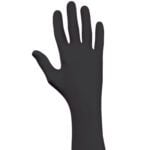 The small Best® Nighthawk™ Nitrile Glove with an extended cuff is displayed palm forward, all fingers extended, showcasing its smooth black rubber texture against a white background.