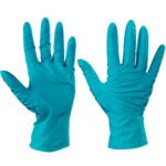 The Ansell® Touch N Tuff® Nitrile Gloves - Large (100/Case) are displayed with one glove palm up and the other showing the back, available in teal for reliable protection.