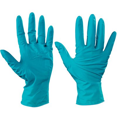 GLV2007M.jpg A pair of teal gloves, similar to Ansell® Touch N Tuff® Nitrile Gloves - Medium (100/Case), are set against a white background. One glove is shown facing front, while the other displays the back, ready for use.