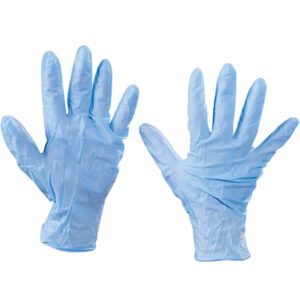Two blue MH-USA Nitrile Gloves - 6 Mil - Xlarge are shown on a white background, one palm up and one palm down, emphasizing both sides and finger contours.