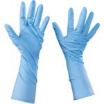 Two blue MH-USA Nitrile Gloves, Large (50/Case), are shown with fingers pointing upwards and slightly wrinkled. They provide extra coverage via extended cuffs, displaying both front and back views.