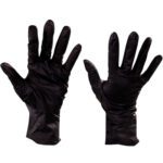 Two MH-USA black nitrile gloves (Large, 100/case) with beaded cuffs face upward on a plain white background. The right glove shows the palm, and the left displays the back, both featuring a wrinkled texture.