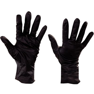 GLV2015M.jpg Two MH-USA Nitrile Gloves with Beaded Cuff are displayed, one palm up and the other palm down. Black in color, they are slightly wrinkled, made of thin material, and shown in medium size (100/Case).
