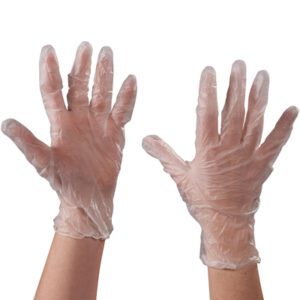 Two hands wearing MH-USA Vinyl Gloves - Clear - 3 Mil Powdered - Xlarge (100/Case) are shown against a plain background, highlighting the snug fit and thin, transparent material.