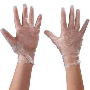 Two hands wearing MH-USA Vinyl Gloves Clear - 5 Mil are seen against a plain background, palms outward. These large, powder-free gloves are made of stretchy material and come in cases of 100 for versatile use.