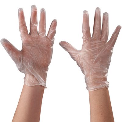 GLV2043L.jpg Two hands wearing MH-USA Vinyl Gloves Clear - 5 Mil are seen against a plain background, palms outward. These large, powder-free gloves are made of stretchy material and come in cases of 100 for versatile use.