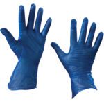 The image shows two large MH-USA Vinyl Gloves, one palm up and the other palm down, against a white background. These blue gloves have a 5 Mil thickness, are powder-free, and come in a case of 100.