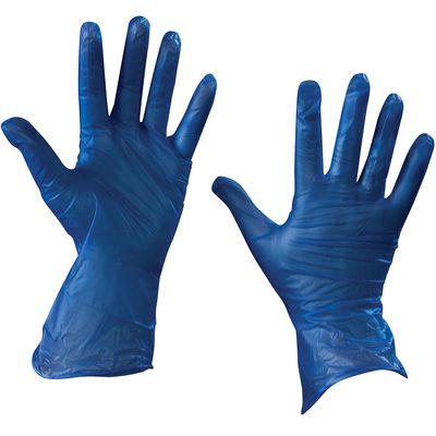 GLV2045L.jpg The image shows two large MH-USA Vinyl Gloves, one palm up and the other palm down, against a white background. These blue gloves have a 5 Mil thickness, are powder-free, and come in a case of 100.