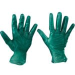 The image displays two MH-USA Vinyl Gloves - Green - 6.5 Mil Large, one showing the palm and the other the back. Manufactured from thin material, these powdered, disposable gloves provide excellent hand protection and are available in cases of 100 for your convenience.