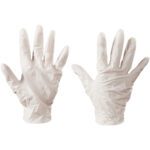 Two white disposable gloves, one palm up and one palm down, on a plain white background. The texture appears slightly wrinkled, indicating flexibility similar to MH-USA Latex Industrial Gloves - Xlarge (90/Case).