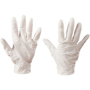Two small, white MH-USA latex industrial gloves are showcased, one palm-up and the other palm-down on a white background. Their slightly crumpled texture indicates they are unused and flexible. Powder-free and ideal for versatile use, they come in cases of 100.