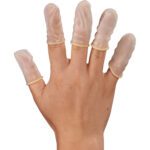 A hand wearing MH-USA Latex Finger Cots, powder-free and small, adorns each finger. These translucent protective coverings are packaged 720 per case and are posed elegantly against a plain white background.