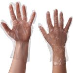 Two hands wearing MH-USA Clear Poly Gloves 1 Mil (1000/Case), fingers spread, display slightly wrinkled transparent gloves against a plain white background, revealing the skin beneath.