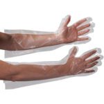 Two arms wear MH-USA Clear Poly Gloves 18 Elbow Length, made of clear plastic and reaching mid-forearm for thorough coverage.