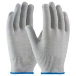 A pair of gray knitted gloves with ribbed cuffs and blue wrist trim, resembling the MH-USA ESD Uncoated Nylon Gloves in extra-large size, is displayed with palms facing forward.