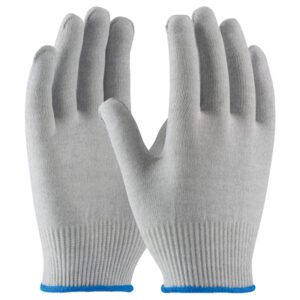 A pair of gray knitted gloves with ribbed cuffs and blue wrist trim, resembling the MH-USA ESD Uncoated Nylon Gloves in extra-large size, is displayed with palms facing forward.