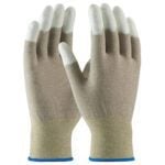 A pair of MH-USA ESD Fingertip Coated Nylon Gloves - Large, featuring gray fabric with white rubber-coated fingertips and palms, blue-trimmed elastic cuffs, displayed upright and side by side to show both palm and backhand views for optimal inspection.