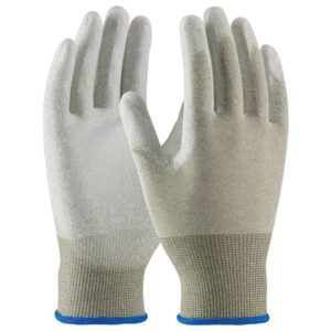 A pair of gray MH-USA ESD Palm Coated Nylon Gloves - Large (12 Pair/Case) with blue elastic cuffs stand upright, featuring a textured surface for grip and designed to offer task protection.