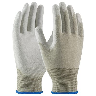 GLV2701L.jpg A pair of gray MH-USA ESD Palm Coated Nylon Gloves - Large (12 Pair/Case) with blue elastic cuffs stand upright, featuring a textured surface for grip and designed to offer task protection.